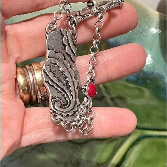 Lucky Brand Coral Genuine Cabochon Bracelet Silver Tone Toggle Boho Southwest - Picture 3 of 6